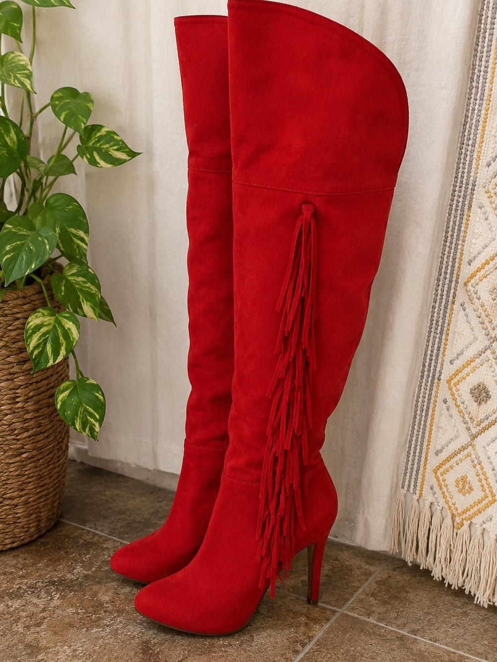 Just Fab Red Suede Fringe Over-the-Knee Stiletto Boots